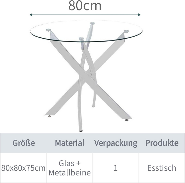 GOLDFAN Table de Salle à Manger en Verre Moderne Petit Table à Manger Cuisine Rond Table avec Pieds Chromés pour Salon Bureau etc 80x80x75cm, AWS-022-5（glass+chrome） .FR