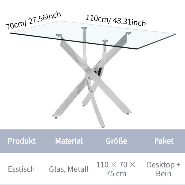 GOLDFAN Table de Salle à Manger en Verre Moderne Argent Table à Manger Cuisine Table Rectangulaire avec Pieds Chromés pour Salon Bureau etc 110 x 70 x 75cm（glass+Chrome）, AWS-021-3 .FR