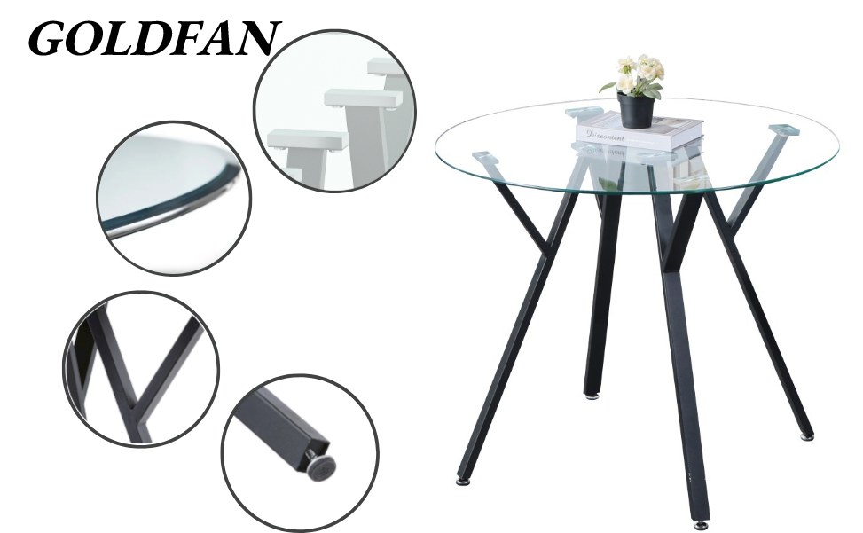 GOLDFAN Round Kitchen Table Modern Glass Dining Table Small 90cm Round 3-6 Person Table (Tempered Glass), AWS-162(glass+black) .US