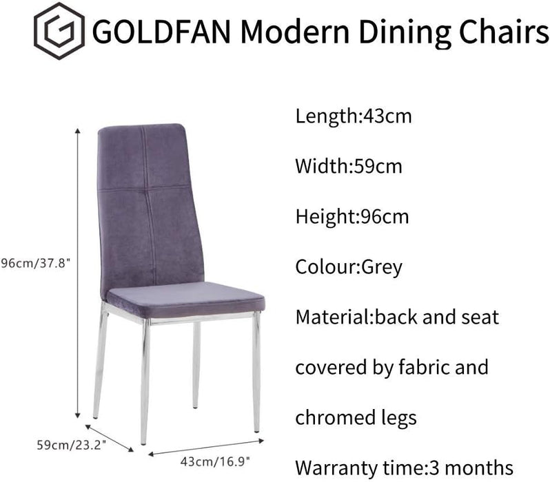 GOLDFAN Esszimmerstühle, 4er-Set, Lounge-Stühle, Freizeit-Wohnzimmerstühle, gepolsterter Stuhl mit hoher Rückenlehne, Samt-Küchenstühle mit Chrombeinen, grau AWS-011-4-4.DE